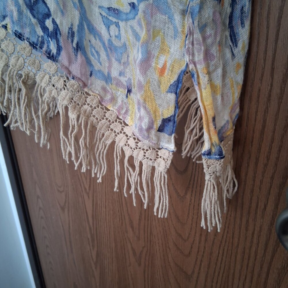 Chico's Linen Tie Dye Poncho V-Neck Fringe Asymmetrical Top S/M Petite Medium - Picture 4 of 7